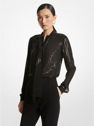 Bluzka Damskie Michael Kors Pinstripe Sequined Georgette Tie-Neck Czarne | PL1454EBG