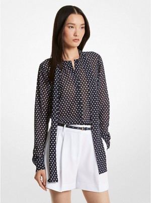 Bluzka Damskie Michael Kors Polka Dot Georgette Tie-Neck MIDNIGHTBLUE | PL1456TCJ