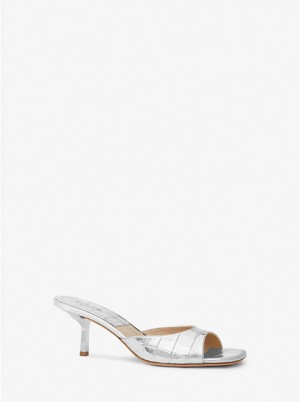 Botki Na Obcasie Damskie Michael Kors Anita Metallic Crocodile Embossed Leather Sandal Srebrne | PL1720OKA