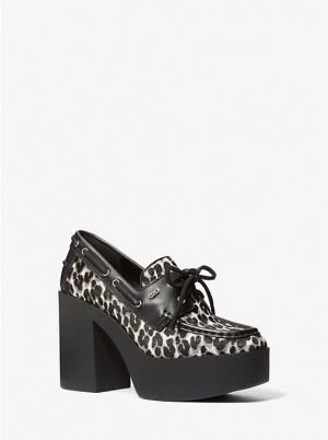 Botki Na Obcasie Damskie Michael Kors Cameron Leopard Print Calf Hair Platform Loafer Czarne | PL1721PJS