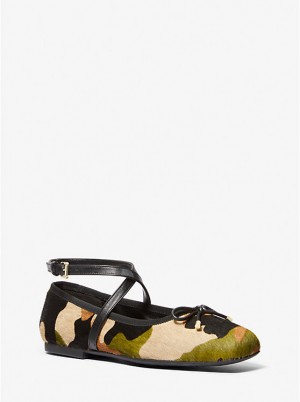 Buty Płaskie Damskie Michael Kors Collette Camouflage Print Calf Hair Ballet Oliwkowe | PL1681CTM