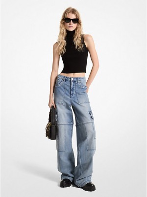 Jeansy Damskie Michael Kors Stretch Denim Wide-Leg Cargo Niebieskie Niebieskie | PL1422VRP