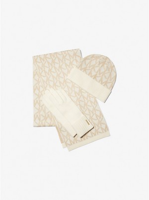 Kapelusz Damskie Michael Kors Logo Jacquard Scarf, Beanie and Gloves Gift Set BONE | PL1009MQW