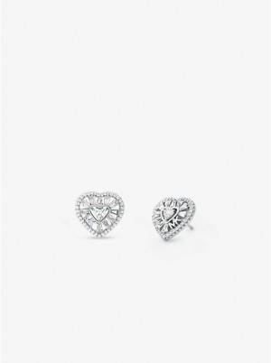 Kolczyki Damskie Michael Kors Precious Metal-Plated Sterling Silver Pavé Heart Stud Srebrne | PL1549UZW