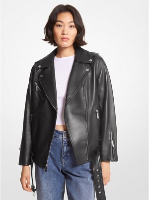 Kurtka Damskie Michael Kors Belted Leather Biker Czarne | PL1353YXC