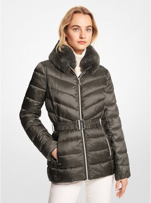 Kurtka Damskie Michael Kors Faux Fur Trim Quilted Nylon Packable Puffer Oliwkowe | PL1371BED