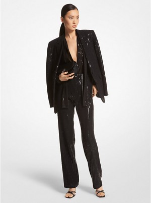 Kurtka Damskie Michael Kors Pinstripe Sequined Crepe Boyfriend Blazer Czarne | PL1399QMF