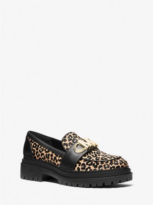 Loafersy Damskie Michael Kors Parker Leopard Print Calf Hair Czarne | PL1713WNR