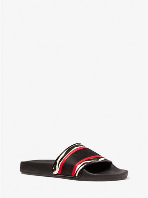 Sandały Damskie Michael Kors Gilmore Logo Tape and Printed Calf Hair Slide BLACK/CRIMSON | PL1866WNC