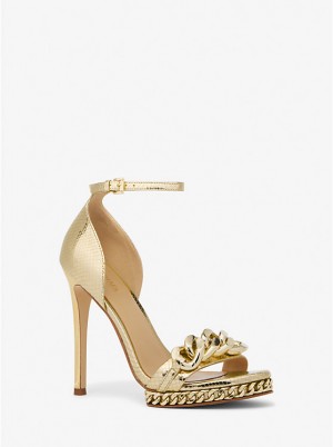 Sandały Damskie Michael Kors Jordyn Embellished Metallic Snake Embossed Leather Platform Złote | PL1891BEZ