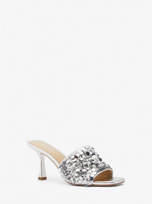 Sandały Damskie Michael Kors Limited-Edition Tessa Hand-Embellished Mule Srebrne | PL1910PJS