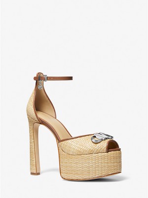 Sandały Damskie Michael Kors Martina Straw Peep-Toe Platform Pump NATURAL/LUGGAGE | PL1925YXM