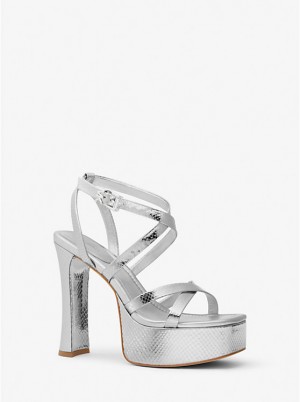 Sandały Damskie Michael Kors Paola Metallic Snake Embossed Leather Platform Srebrne | PL1939ZUF