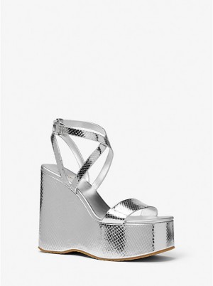 Sandały Damskie Michael Kors Paola Metallic Snake Embossed Leather Wedge Srebrne | PL1940XYG