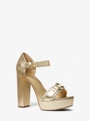 Sandały Damskie Michael Kors Rory Metallic Leather and Signature Logo Platform Złote | PL1953LIQ