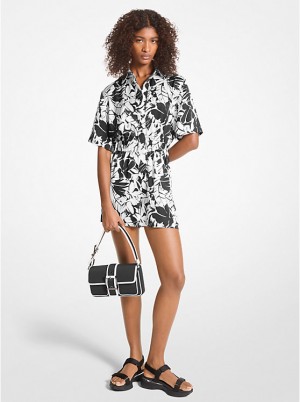 Sukienka Damskie Michael Kors Palm Print Satin Romper BLACK/WHITE | PL1310GSY