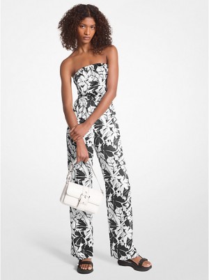 Sukienka Damskie Michael Kors Palm Print Satin Tie-Back Jumpsuit BLACK/WHITE | PL1311HAU