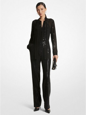 Sukienka Damskie Michael Kors Pinstripe Sequined Georgette Jumpsuit Czarne | PL1314LIP