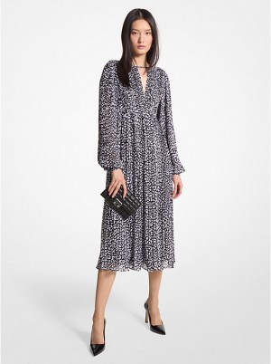 Sukienka Damskie Michael Kors Pleated Leopard Print Georgette Midi BLACK/WHITE | PL1317CTD