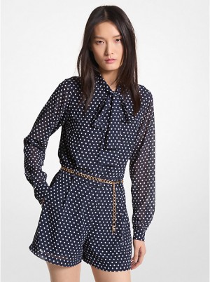 Sukienka Damskie Michael Kors Polka Dot Georgette Belted Tie-Neck Romper MIDNIGHTBLUE | PL1318VRF