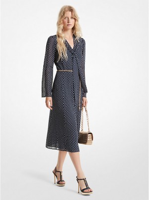 Sukienka Damskie Michael Kors Polka Dot Georgette Tie-Neck Midi MIDNIGHTBLUE | PL1319BEG