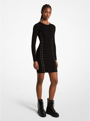 Sukienka Damskie Michael Kors Ribbed Stretch Knit Lace-Up Czarne | PL1323NWL