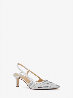 Szpilki Damskie Michael Kors Alora Sequined Zebra Slingback OPTIC WHITE/SILVER | PL1732XYV