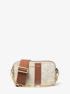 Torba Crossbody Damskie Michael Kors Jet Set Small Empire Signature Logo Stripe Double-Zip Camera VANILLA/LUGGAGE | PL1097PJO