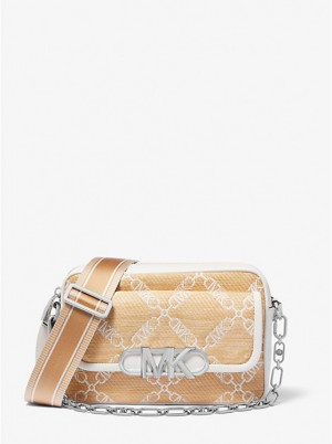 Torba Crossbody Damskie Michael Kors Parker Medium Empire Logo Jacquard Straw NAT/OPTICWHT | PL1128SGD