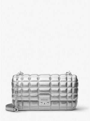 Torba Crossbody Damskie Michael Kors Tribeca Large Metallic Quilted Leather Srebrne | PL1151SGO