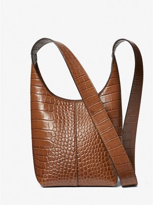 Torba na Ramię Damskie Michael Kors Dede Mini Crocodile Embossed Leather Hobo CHESTNUT | PL1196TCM