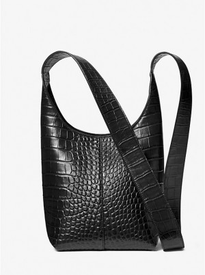 Torba na Ramię Damskie Michael Kors Dede Mini Crocodile Embossed Leather Hobo Czarne | PL1197YXQ