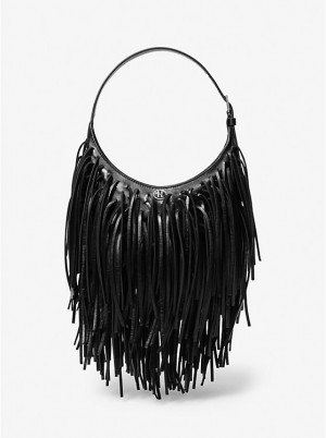 Torba na Ramię Damskie Michael Kors Dyan Small Fringed Leather Czarne | PL1204DFI