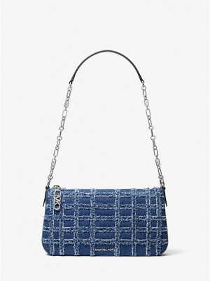 Torba na Ramię Damskie Michael Kors Empire Medium Frayed Denim Chain-Link Pochette DENIM | PL1210LIF