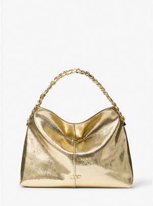 Torba na Ramię Damskie Michael Kors Jordyn Large Metallic Snake Embossed Leather Hobo Złote | PL1219NWV