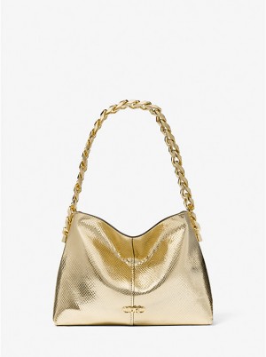 Torba na Ramię Damskie Michael Kors Jordyn Small Metallic Snake Embossed Leather Złote | PL1221VRN