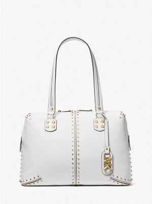 Tote Damskie Michael Kors Astor Large Studded Leather Białe | PL1240RVJ