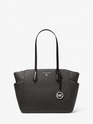 Tote Damskie Michael Kors Marilyn Medium Logo Czarne | PL1263ZUD