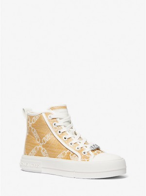 Trampki Damskie Michael Kors Evy Empire Logo Jacquard Straw High-Top NAT/OPTICWHT | PL1982AHE