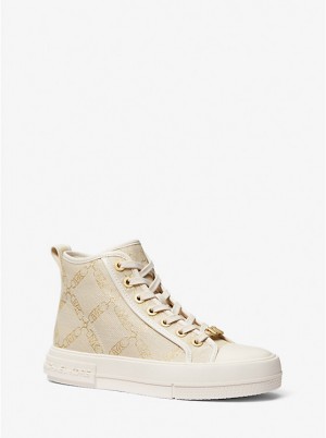 Trampki Damskie Michael Kors Evy Metallic Empire Logo Jacquard High-Top PALE GOLD/NATURAL | PL1986GSU