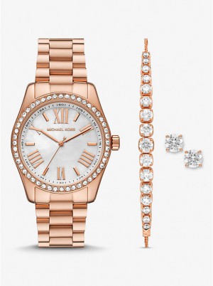 Zegarek Damskie Michael Kors Lexington Pavé Rose Gold-Tone and Jewelry Gift Set Różowe Złote | PL1593GSL