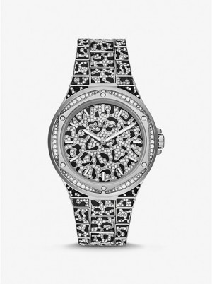 Zegarek Damskie Michael Kors Oversized Lennox Animal Pavé Silver-Tone Srebrne | PL1629CTQ