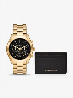 Zegarek Damskie Michael Kors Oversized Slim Runway and Card Case Gift Set BLACK/GOLD | PL1637VRO