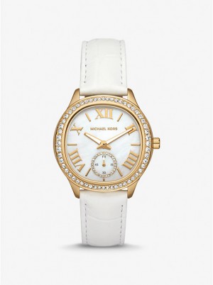 Zegarek Damskie Michael Kors Sage Pavé Gold-Tone and Crocodile Embossed Leather Białe | PL1669PJF