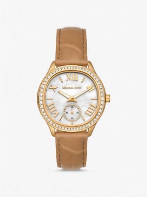 Zegarek Damskie Michael Kors Sage Pavé Gold-Tone and Crocodile Embossed Leather PEANUT | PL1670AHG