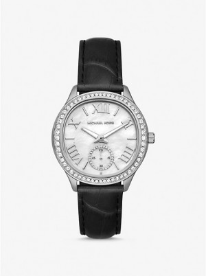 Zegarek Damskie Michael Kors Sage Pavé Silver-Tone and Crocodile Embossed Leather Czarne | PL1672DFJ